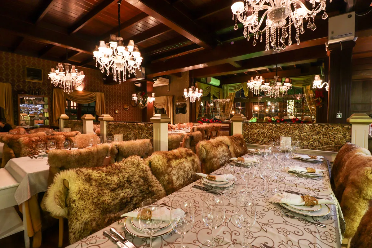 Crystal chandeliers and European décor at Le Chalet de la Fondue